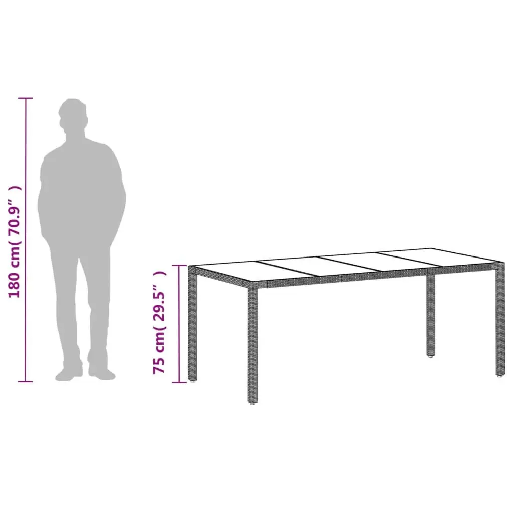 Garden Dining Table Outdoor Furniture 190x90x75cm Grey Poly Rattan Glass Top