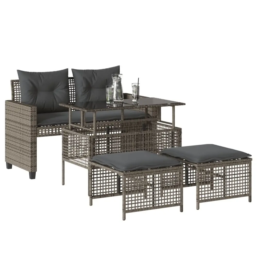4 Piece Outdoor Garden Sofa Set Grey Poly Rattan Cushioned Seating with Glass Table