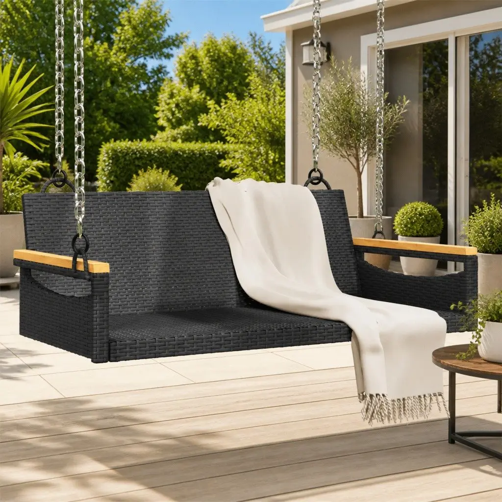 Outdoor Swing Bench Black Garden Hanging Seat Relaxation Poly Rattan Furniture