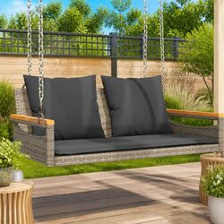 Swing Bench with Cushions Grey Outdoor Garden Seating Poly Rattan Hanging Chair