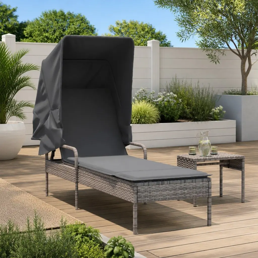 Sun Lounger Adjustable Backrest Retractable Canopy Grey Outdoor