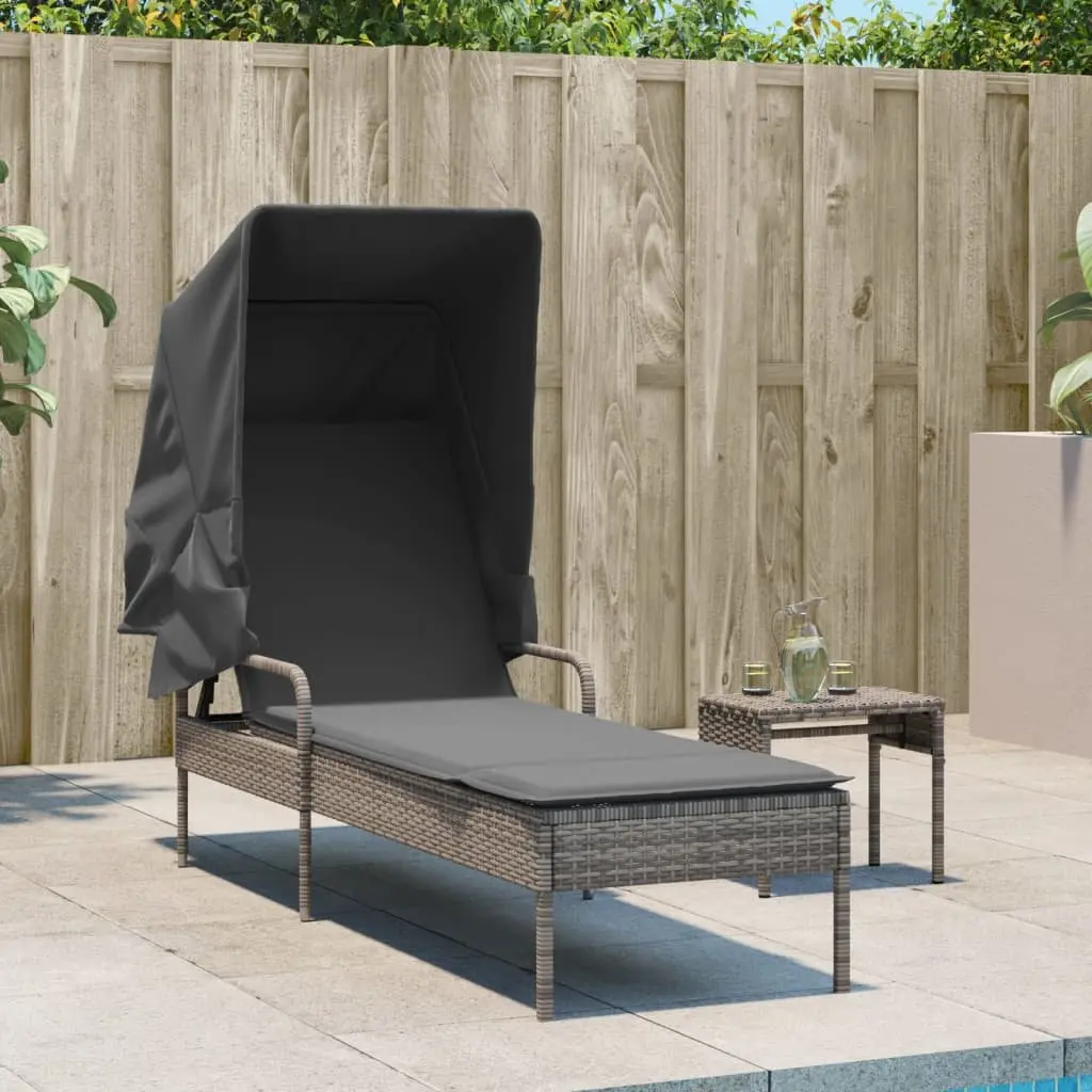 Sun Lounger Adjustable Backrest Retractable Canopy Grey Outdoor