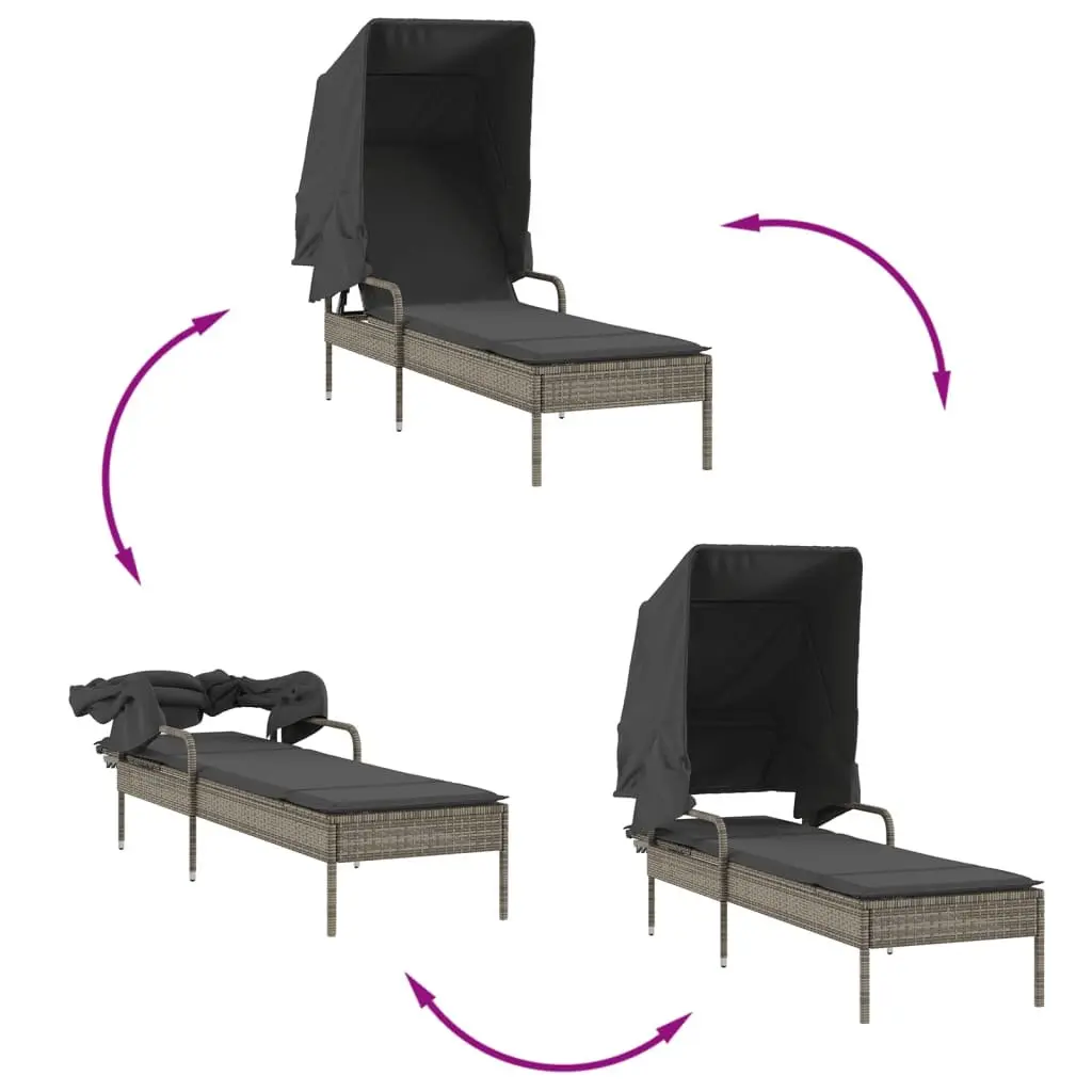 Sun Lounger Adjustable Backrest Retractable Canopy Grey Outdoor