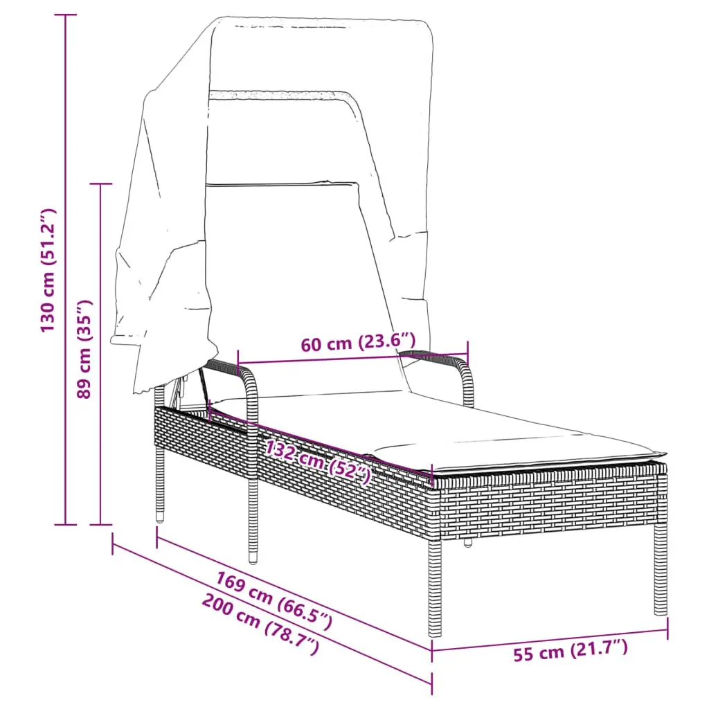 Sun Lounger Adjustable Backrest Retractable Canopy Grey Outdoor