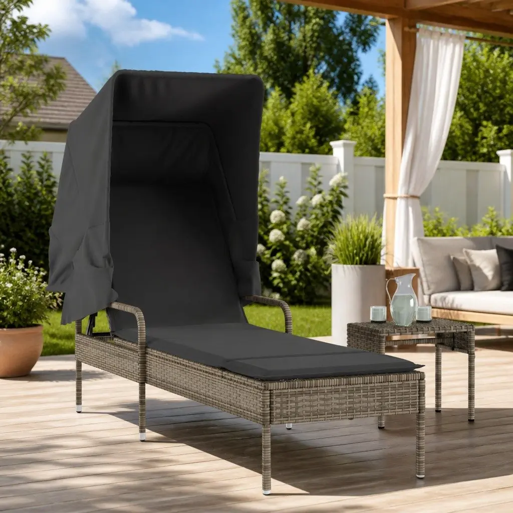 Sun Lounger Adjustable Backrest with Canopy Tea Table Grey Outdoor