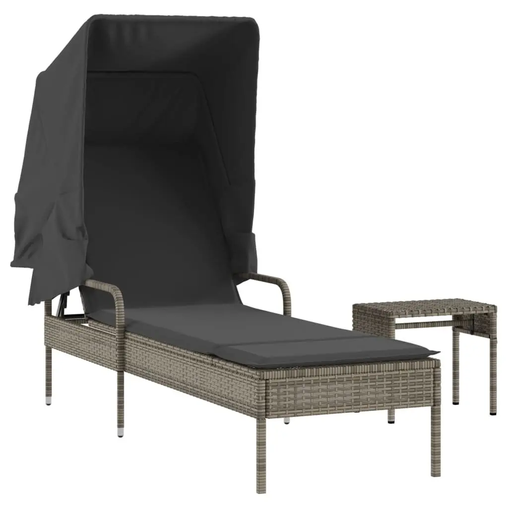 Sun Lounger Adjustable Backrest with Canopy Tea Table Grey Outdoor