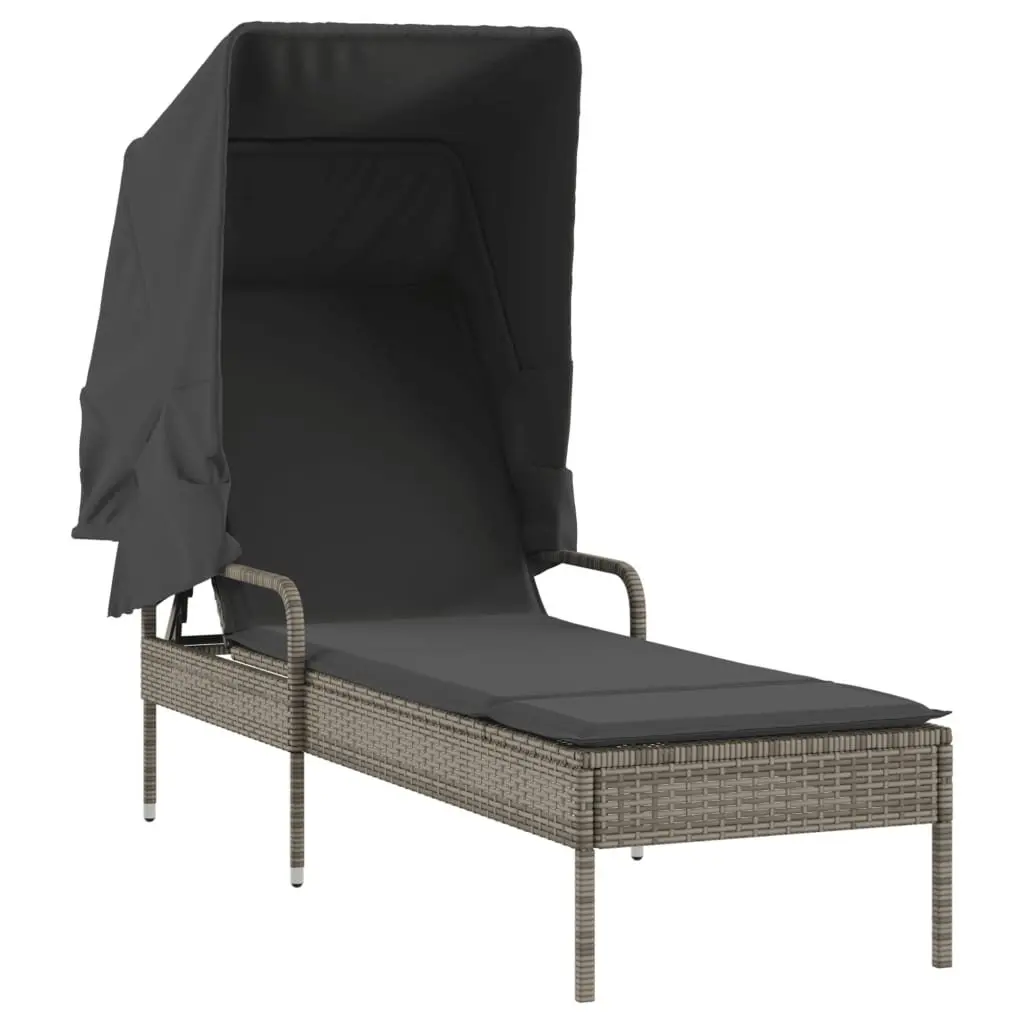 Sun Lounger Adjustable Backrest with Canopy Tea Table Grey Outdoor