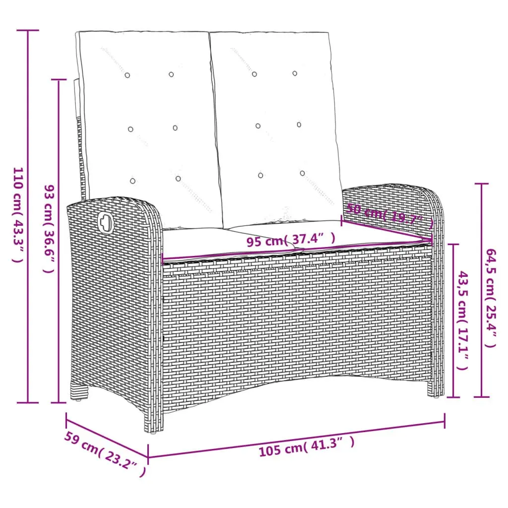 Reclining Garden Bench Adjustable Backrest Outdoor Seating Grey Poly