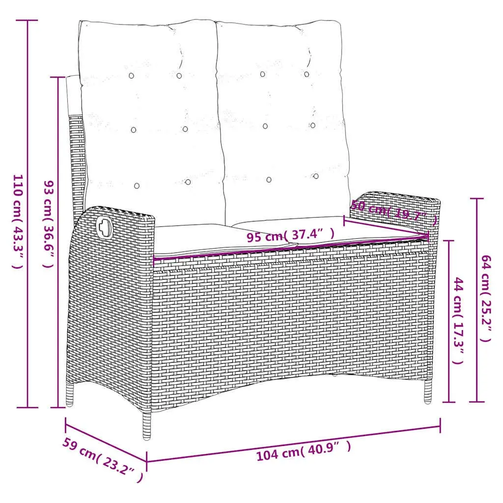 Reclining Garden Bench Outdoor Seating Adjustable Backrest Black