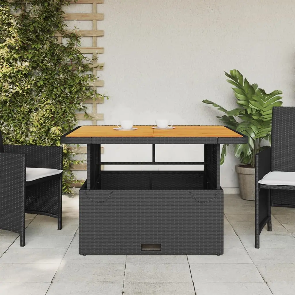 Garden Table Black Adjustable Height 110x110x71 cm Outdoor Furniture Poly Rattan Acacia Wood Top