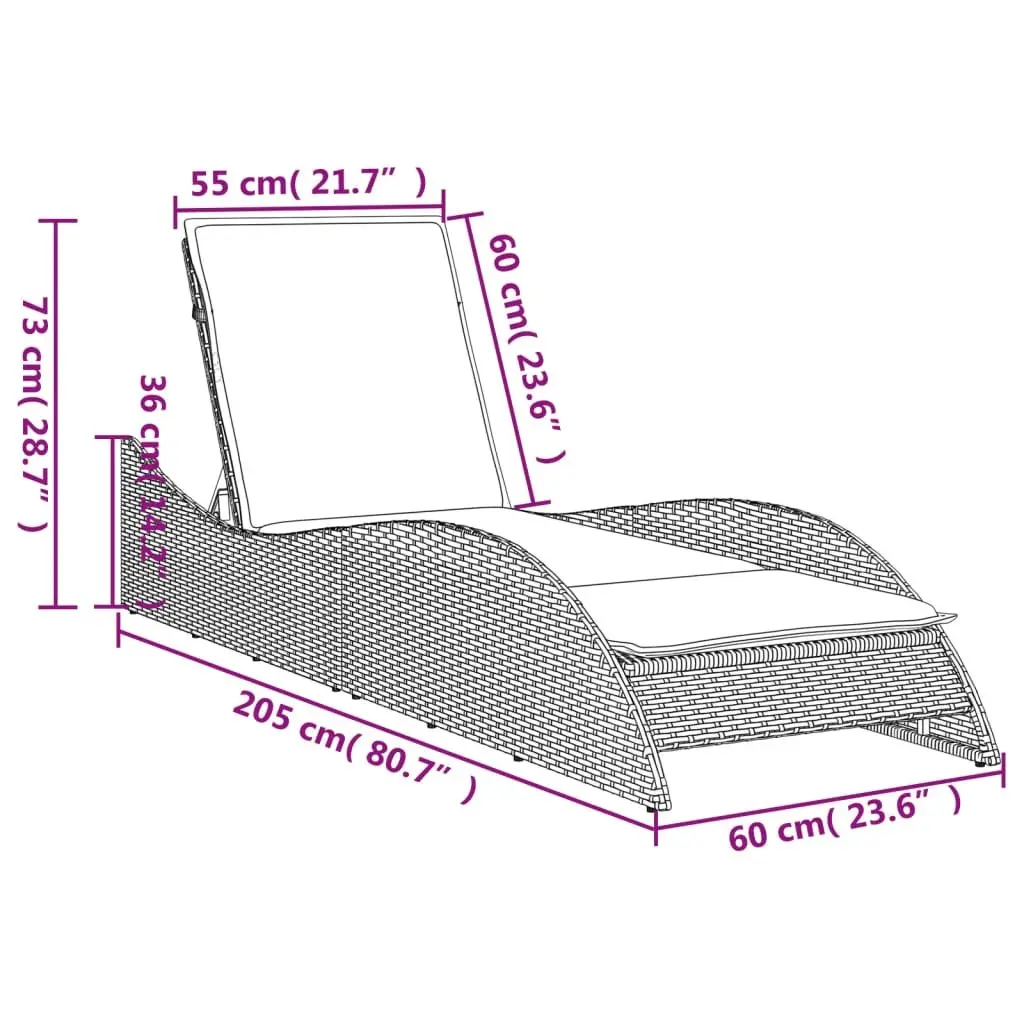 Sun Lounger Adjustable Reclining Garden Chair Grey PE Rattan with Cushion