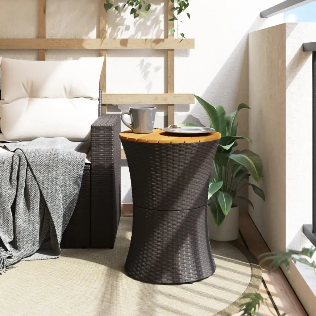 Black Drum Shape Outdoor Side Table Acacia Wood Top Poly Rattan Frame Garden Patio Furniture