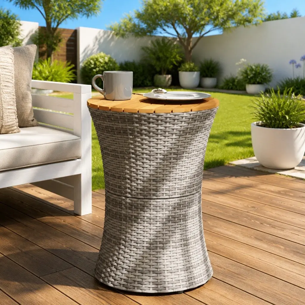 Garden Side Table Drum Shape Grey Outdoor Furniture Acacia Wood Top