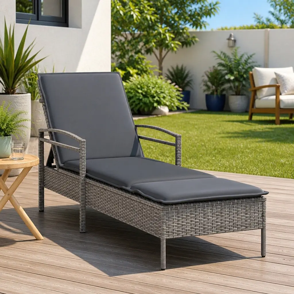 Sun Lounger Adjustable Backrest Outdoor Furniture Rattan Garden Lounge Chair Grey