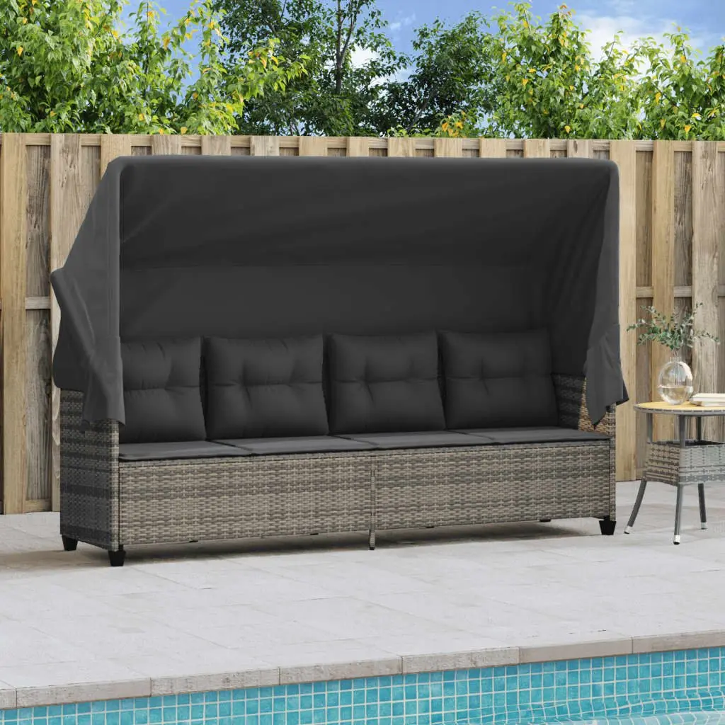Outdoor Furniture Sun Lounger Grey Poly Rattan with Canopy and Padded Cushions