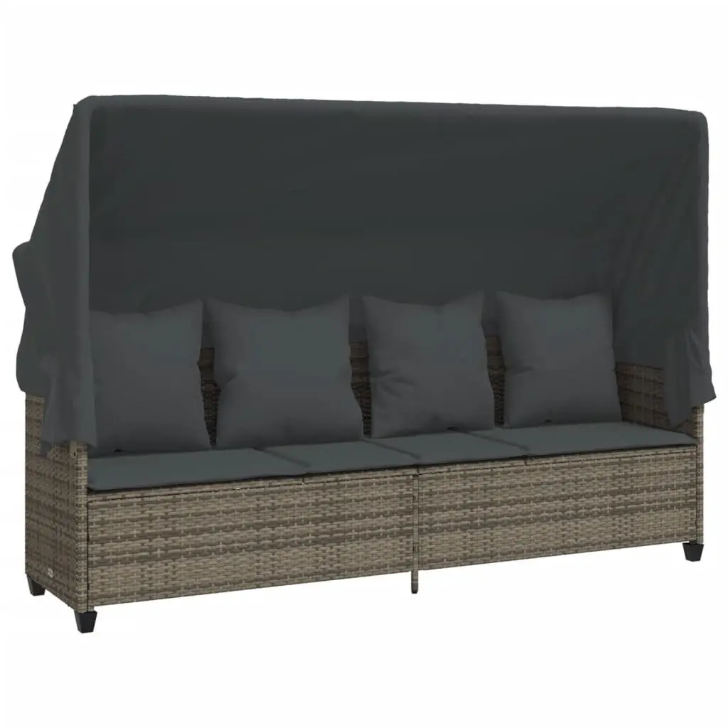Sun Lounger with Retractable Canopy Adjustable Backrest Footrest Grey Rattan