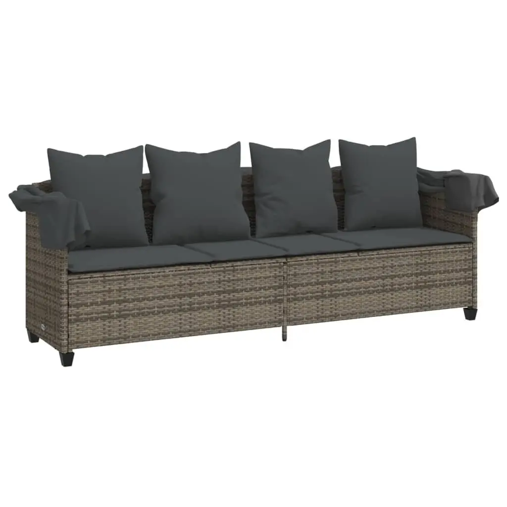 Sun Lounger with Retractable Canopy Adjustable Backrest Footrest Grey Rattan