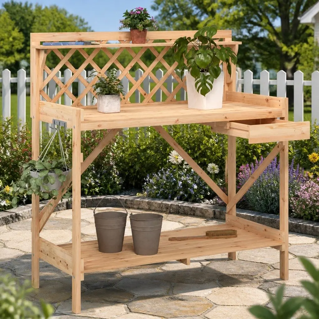 Potting Bench Garden Plant Stand with Trellis Open Shelves Drawer Metal Hooks Brown