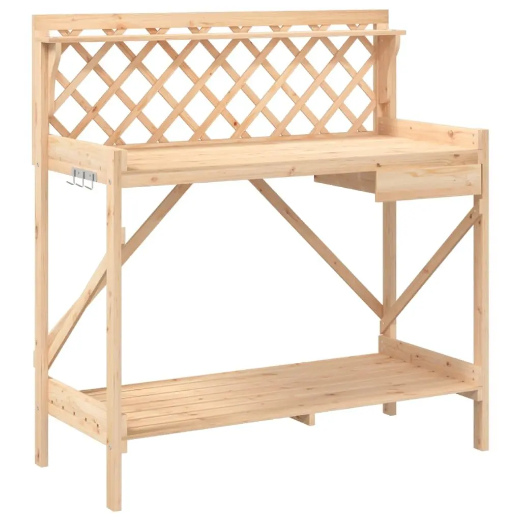 Potting Bench Garden Plant Stand with Trellis Open Shelves Drawer Metal Hooks Brown