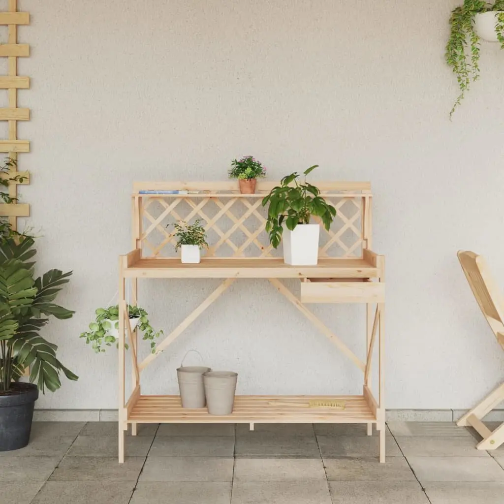 Potting Bench Garden Plant Stand with Trellis Open Shelves Drawer Metal Hooks Brown
