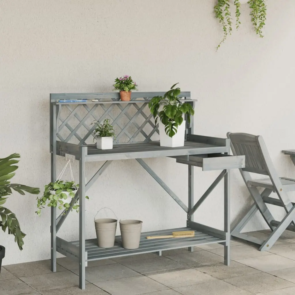 Potting Bench Garden Plant Stand with Trellis Grey Solid Wood