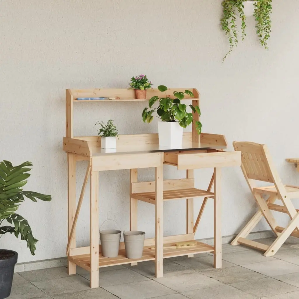 Potting Bench Garden Plant Stand Solid Wood with Shelves and Drawer Brown