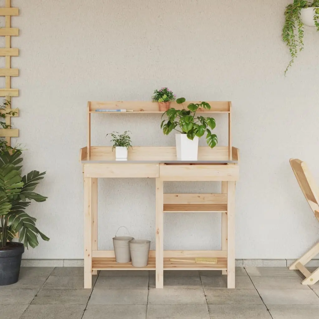 Potting Bench Garden Plant Stand Solid Wood with Shelves and Drawer Brown