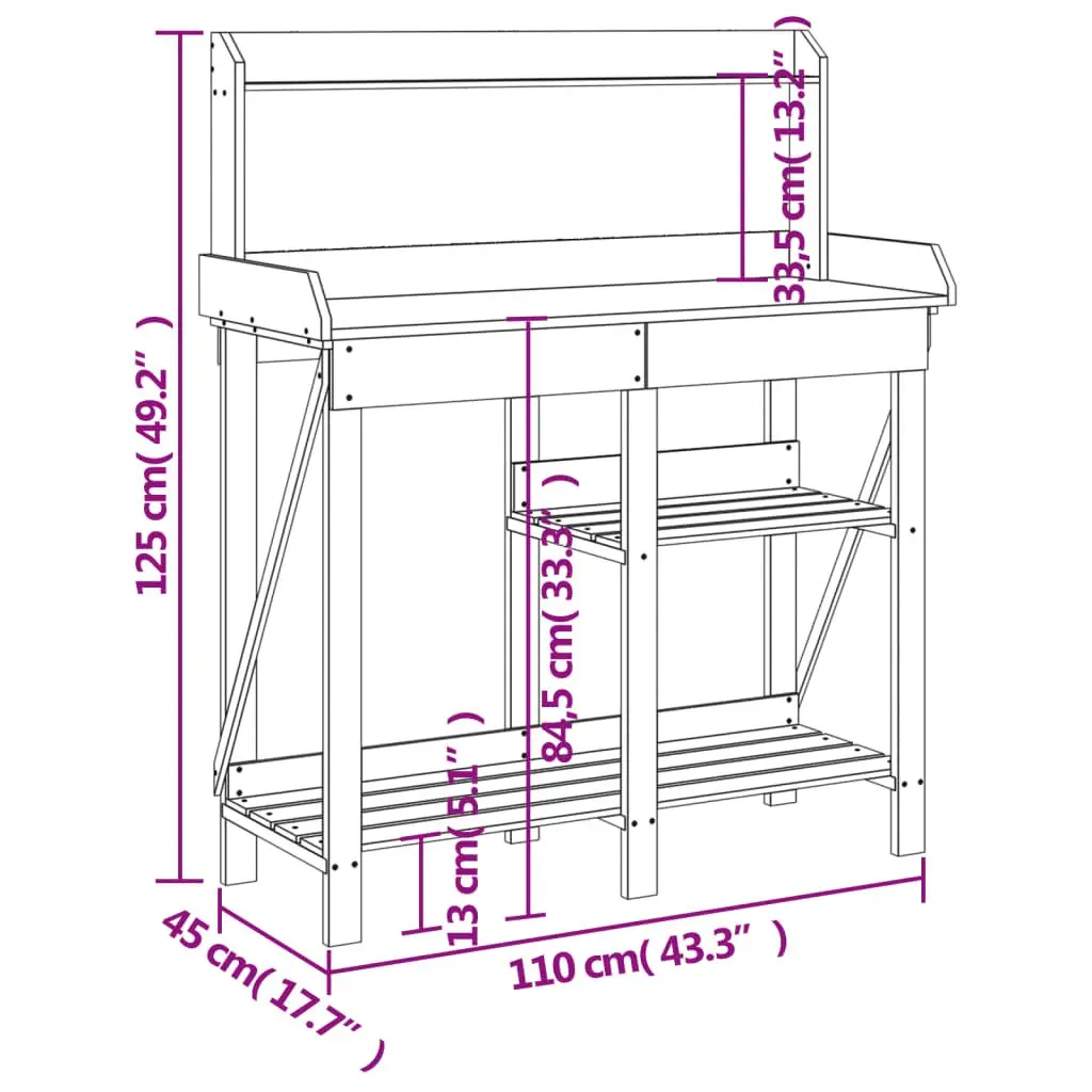Potting Bench Garden Plant Stand Solid Wood with Shelves and Drawer Brown
