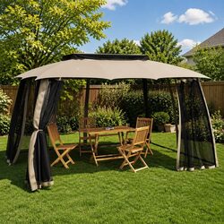 Reliable Double Roof Gazebo with Mesh Walls in Taupe