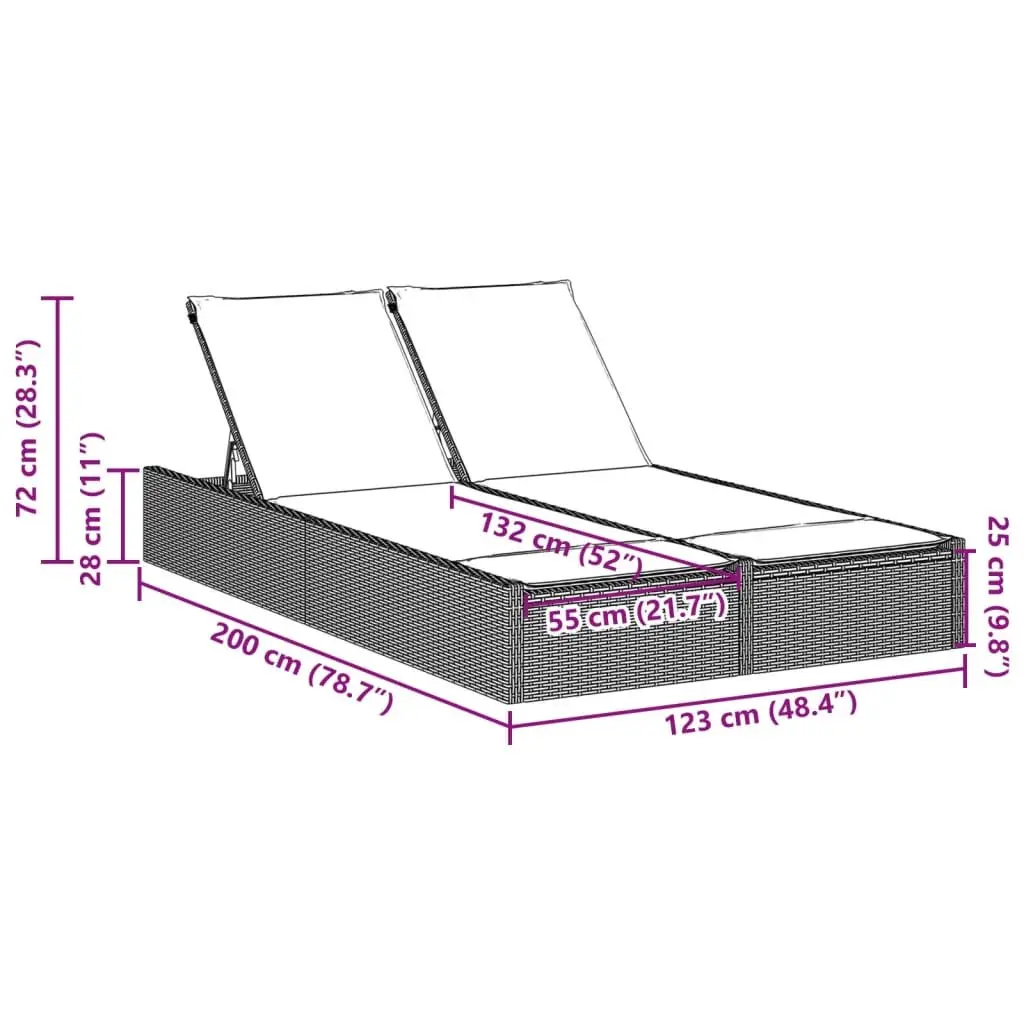 Double Sun Lounger Outdoor Garden Furniture Adjustable Backrest Padded Cushions Black