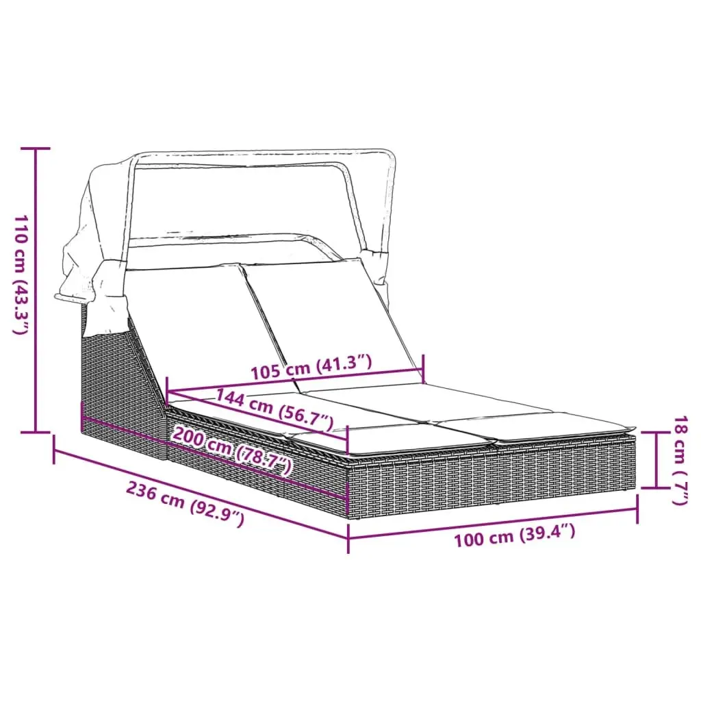 Double Sun Lounger Outdoor Furniture Adjustable Backrest Retractable Canopy Grey