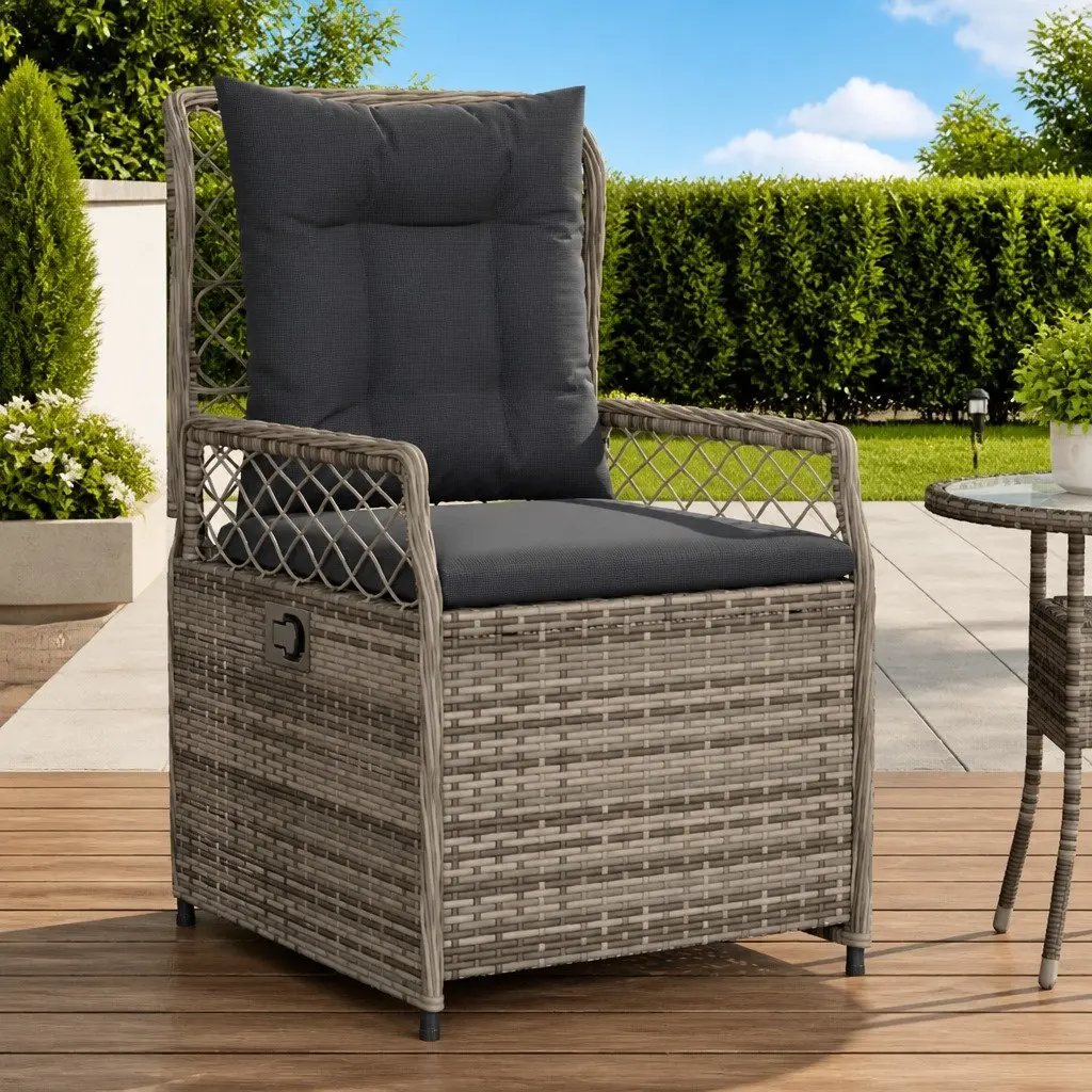 Reclining Garden Chairs 2pc Adjustable Backrest Cushioned Grey PE Rattan