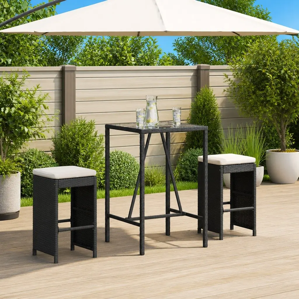 Outdoor Bar Stools Cushioned Chairs Set 2 Piece Black Poly Rattan