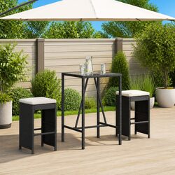 Outdoor Bar Stools 2 pcs Black Poly Rattan Garden Seating Cushioned Chairs Set
