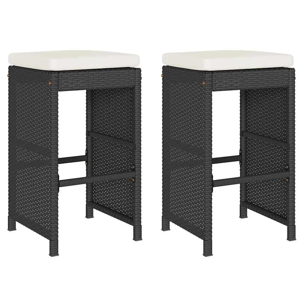 Outdoor Bar Stools Cushioned Chairs Set 2 Piece Black Poly Rattan