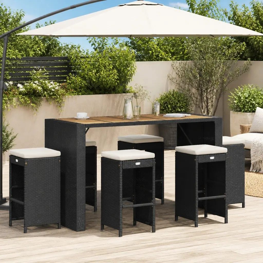 Outdoor Bar Stools Set of 6 Garden Seating Black Rattan with Cushions