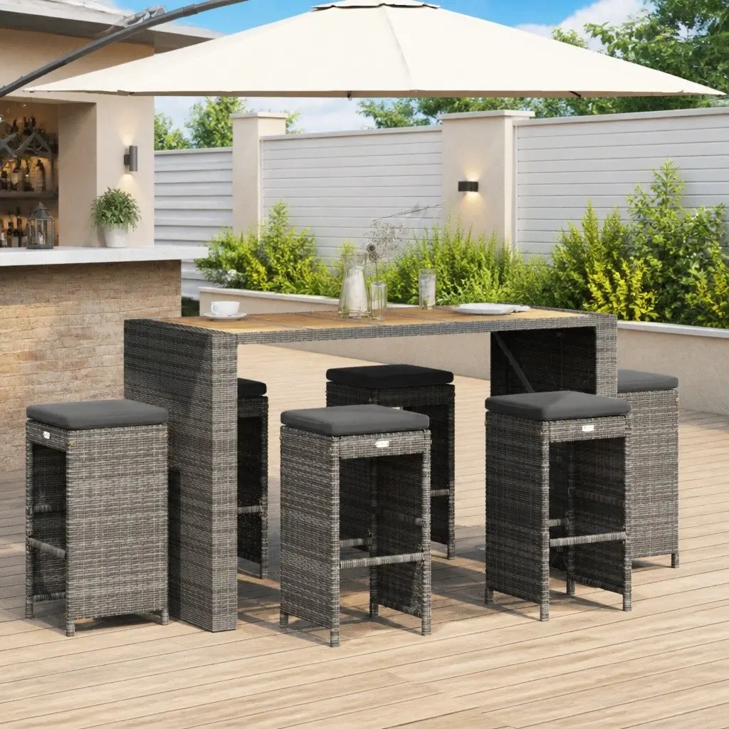 Outdoor Bar Stools Set 6 Piece Cushioned Chairs Poly Rattan Grey