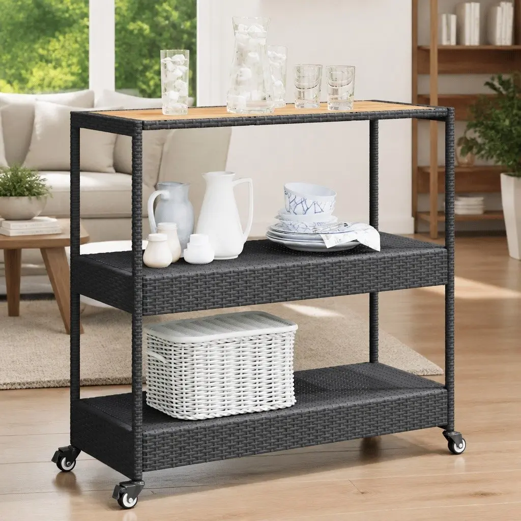 Bar Cart 3-Tier Kitchen Trolley Poly Rattan Wooden Top Storage Drinks Serving