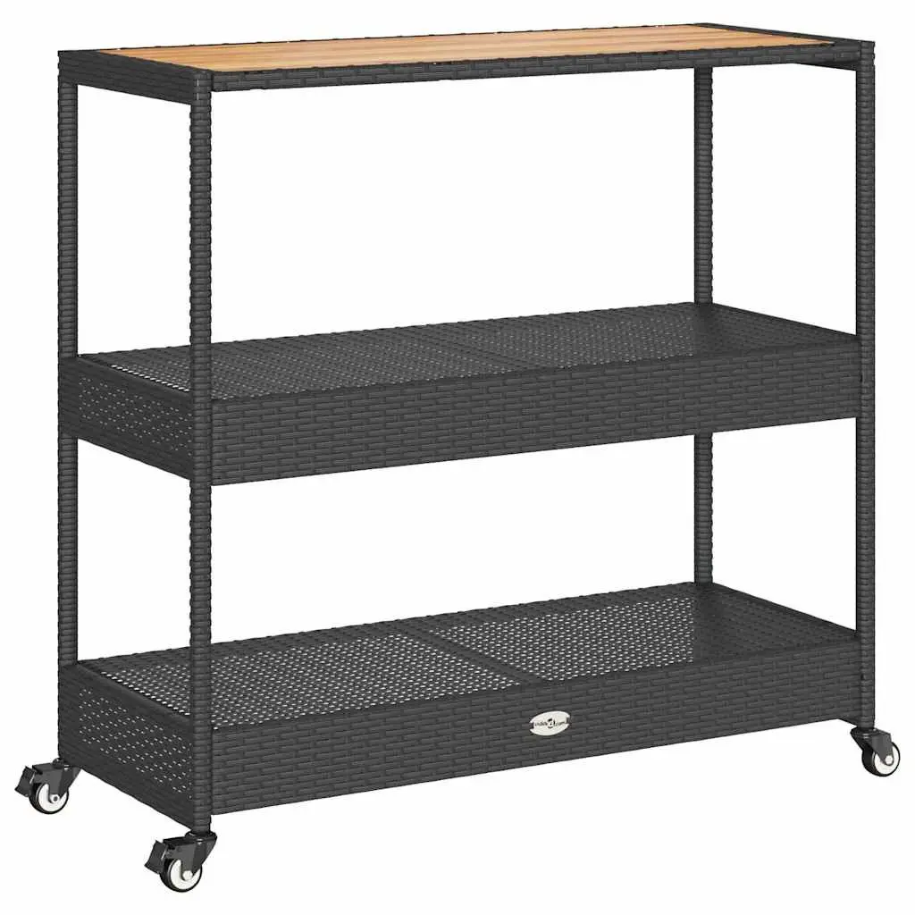 Bar Cart 3-Tier Kitchen Trolley Poly Rattan Wooden Top Storage Drinks Serving