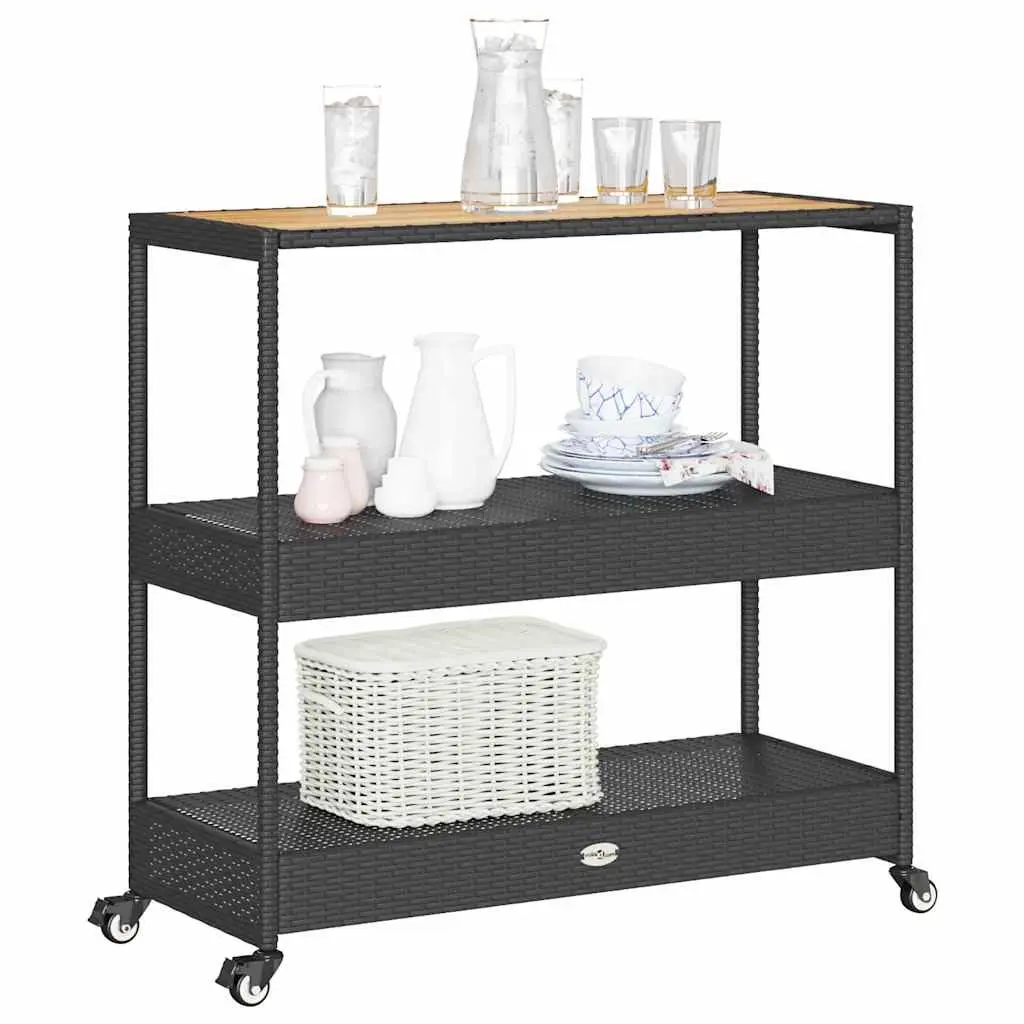 Bar Cart 3-Tier Kitchen Trolley Poly Rattan Wooden Top Storage Drinks Serving