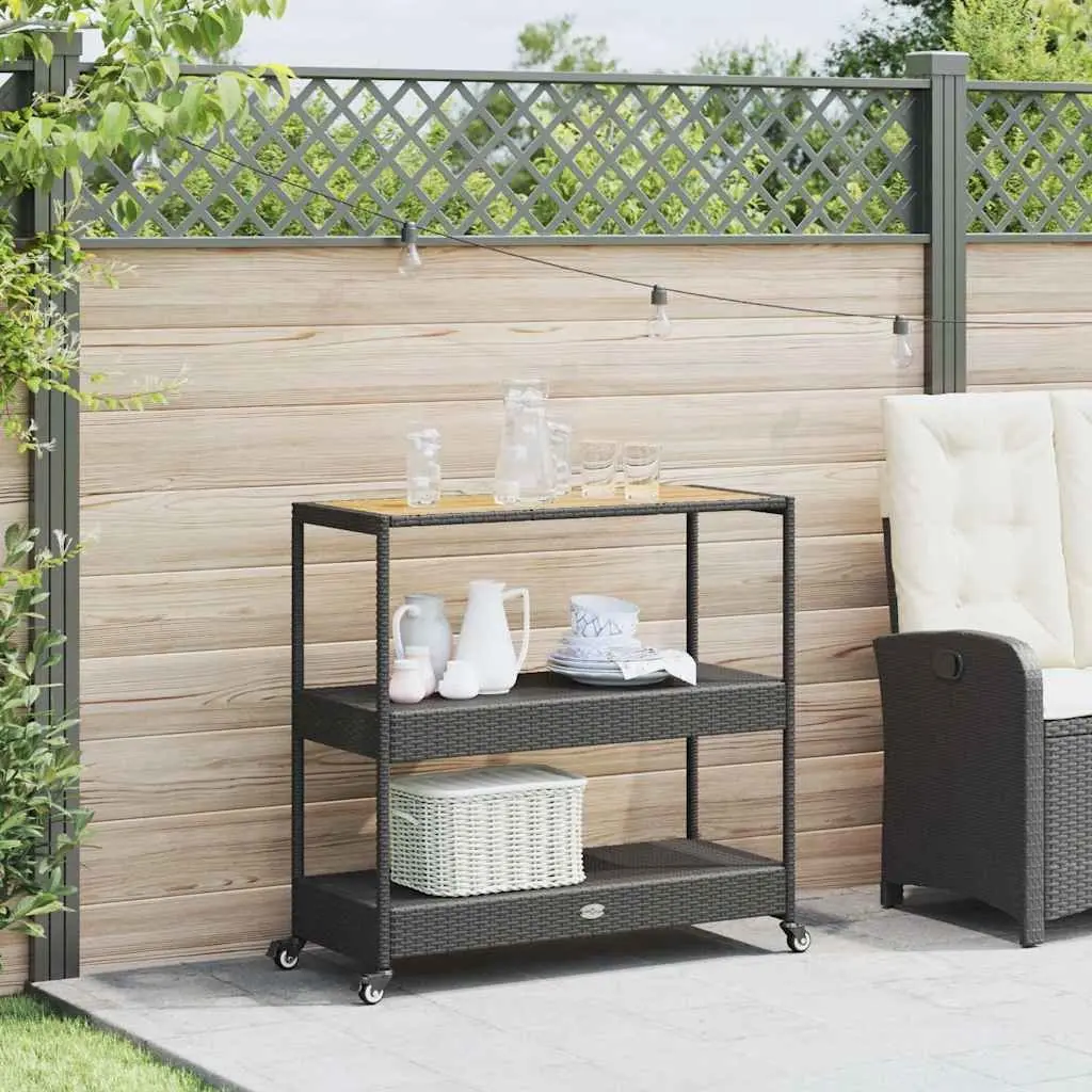 Bar Cart 3-Tier Kitchen Trolley Poly Rattan Wooden Top Storage Drinks Serving