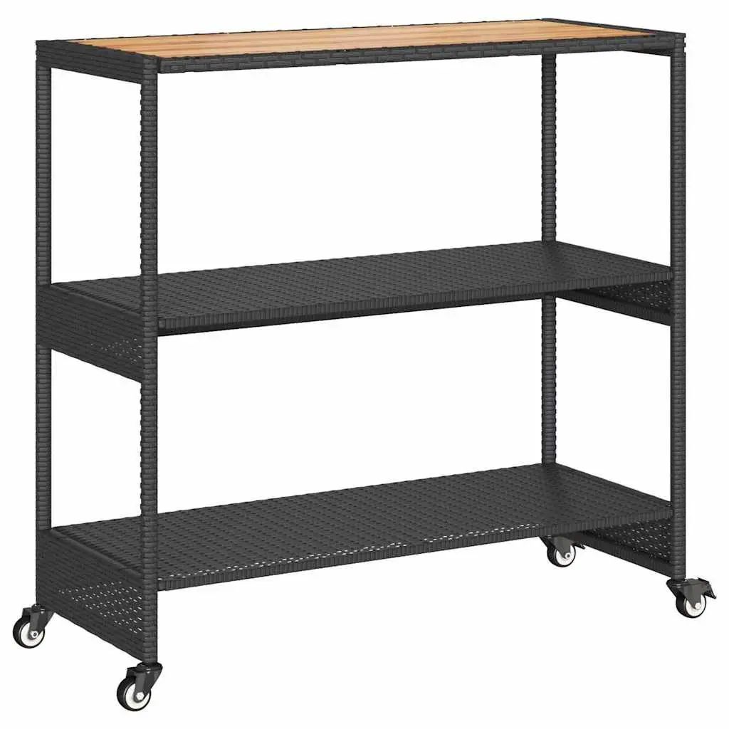 Bar Cart 3-Tier Kitchen Trolley Poly Rattan Wooden Top Storage Drinks Serving