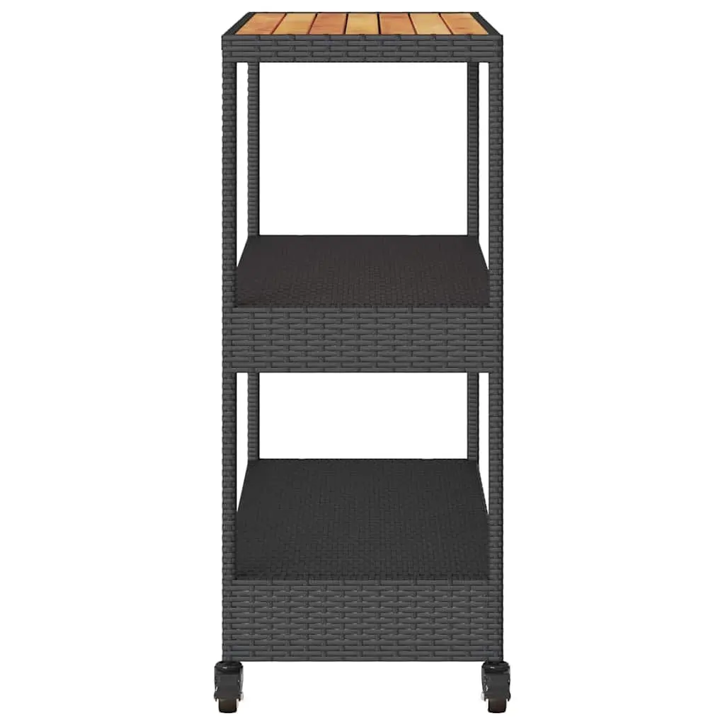 Bar Cart 3-Tier Kitchen Trolley Poly Rattan Wooden Top Storage Drinks Serving