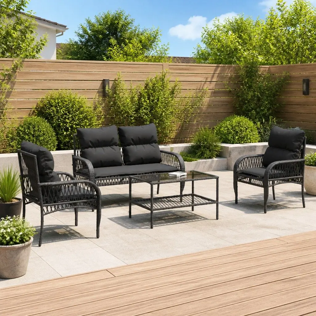 4 Piece Outdoor Garden Sofa Set Black Poly Rattan Lounge Patio Furniture