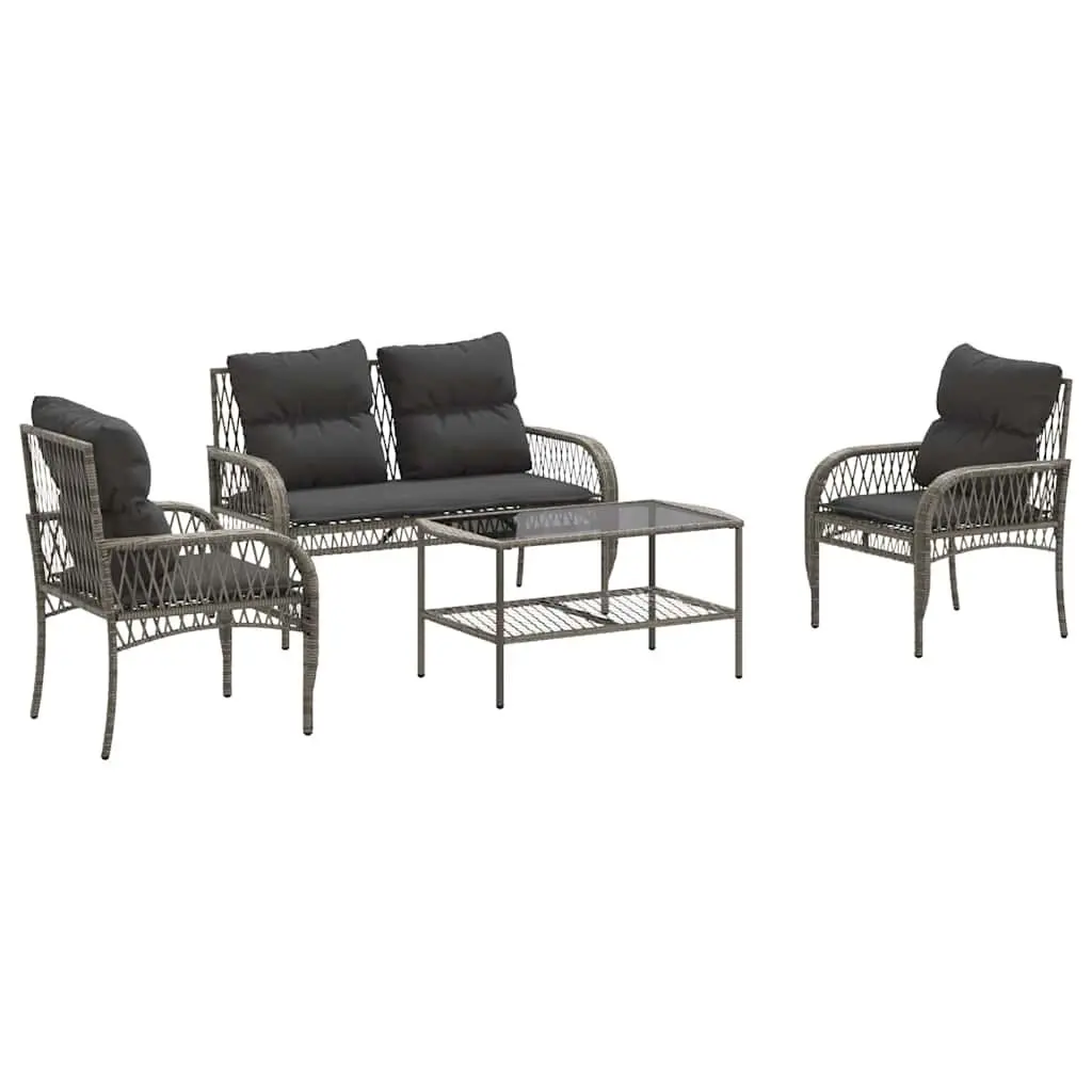 4 Piece Garden Sofa Set Grey Poly Rattan Outdoor Furniture with Cushions Glass