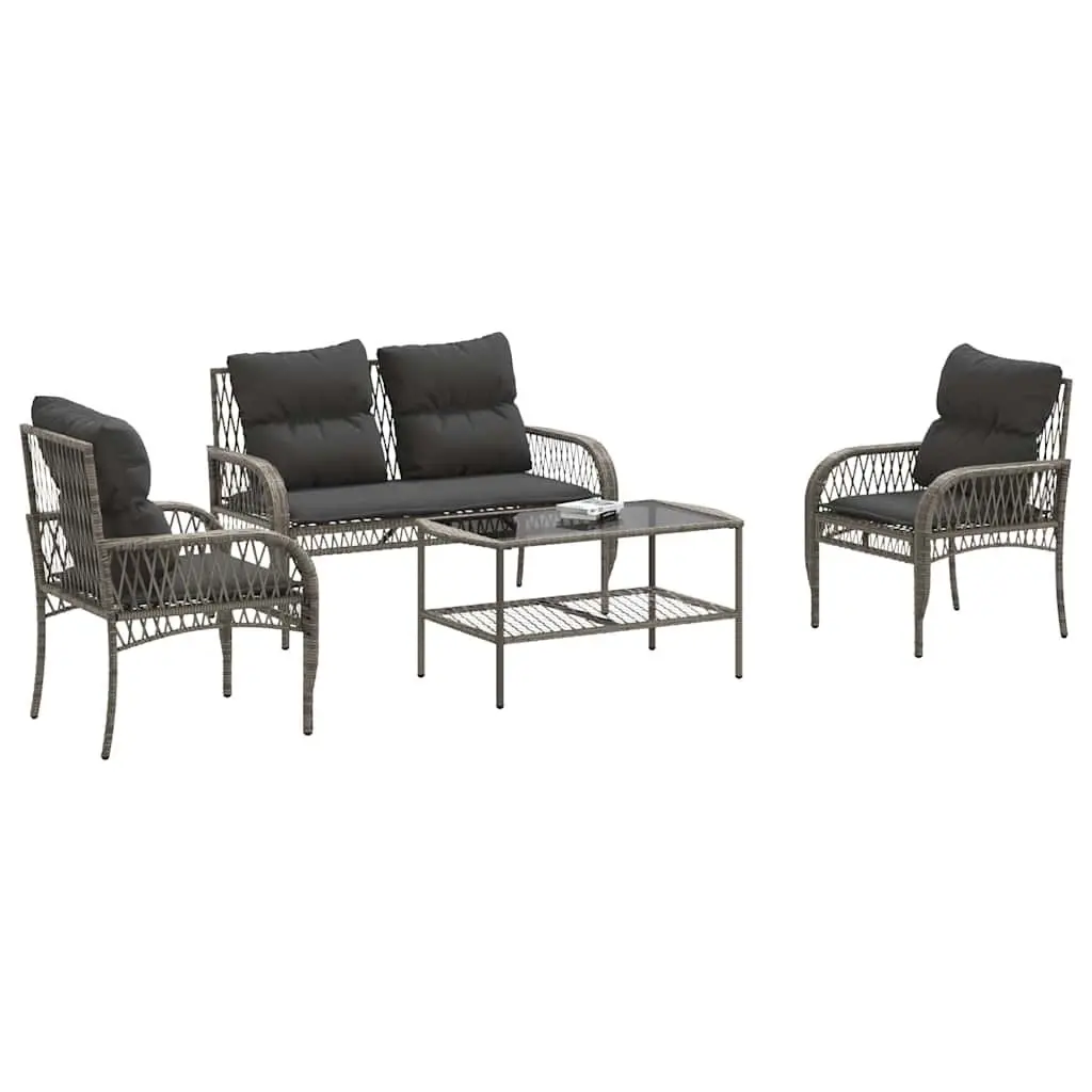 4 Piece Garden Sofa Set Grey Poly Rattan Outdoor Furniture with Cushions Glass