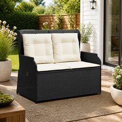 Reclining Garden Bench Adjustable Backrest Outdoor Seating Cushions Black