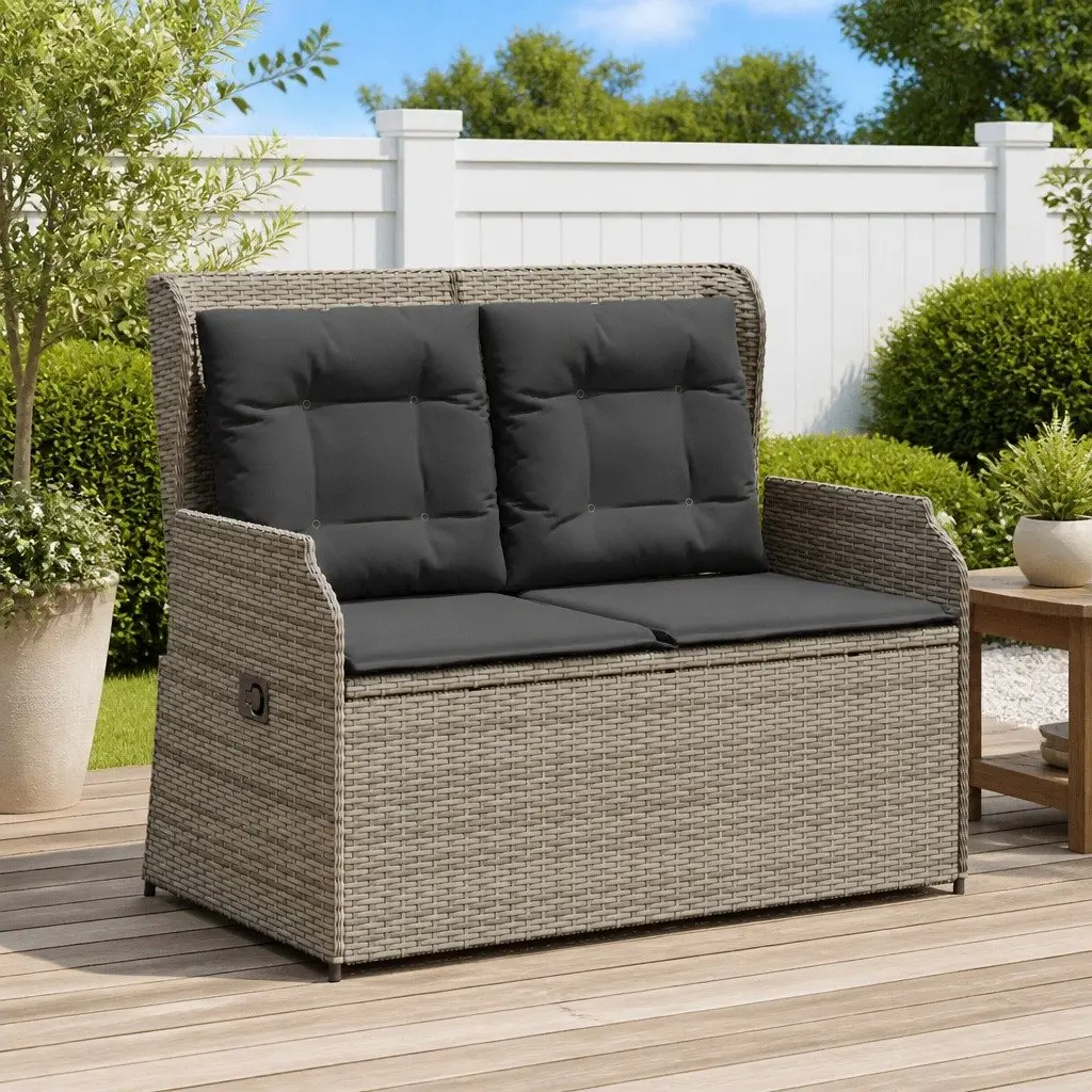 Outdoor Reclining Garden Bench Adjustable Backrest Padded Cushions Grey Poly