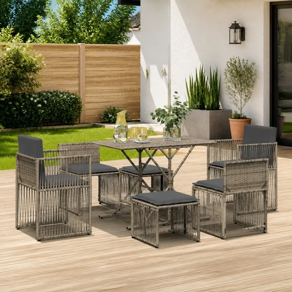 7 Piece Garden Dining Set Outdoor Furniture Grey Poly Rattan Cushions