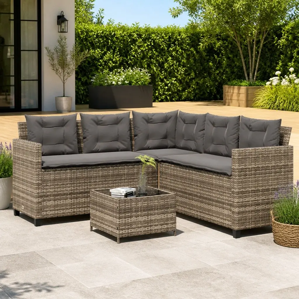 L-Shaped Garden Sofa Set Grey Outdoor Patio Furniture with Table